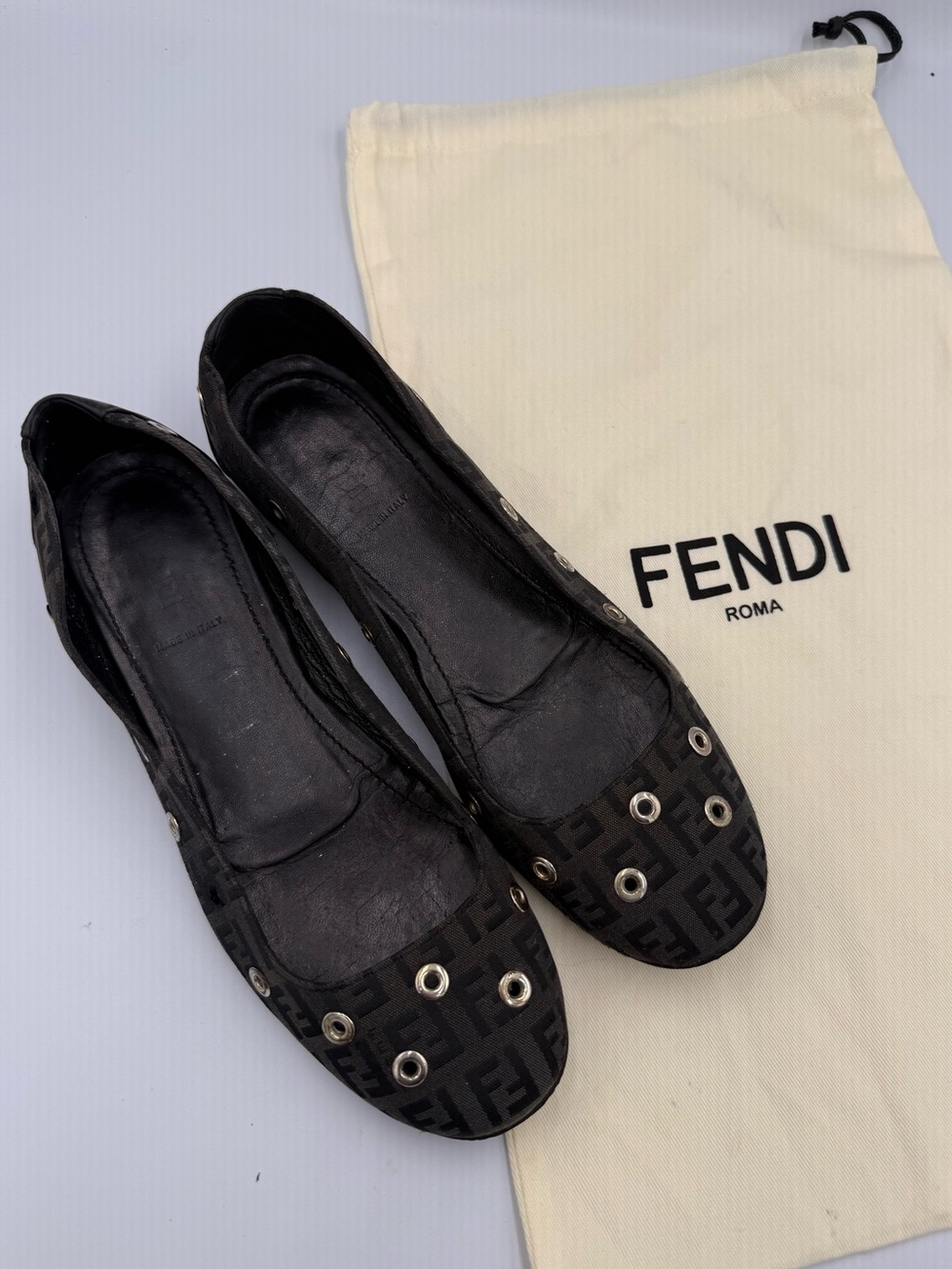 Fendi Zucca Black Ballet Flats with Silver Grommet Detail